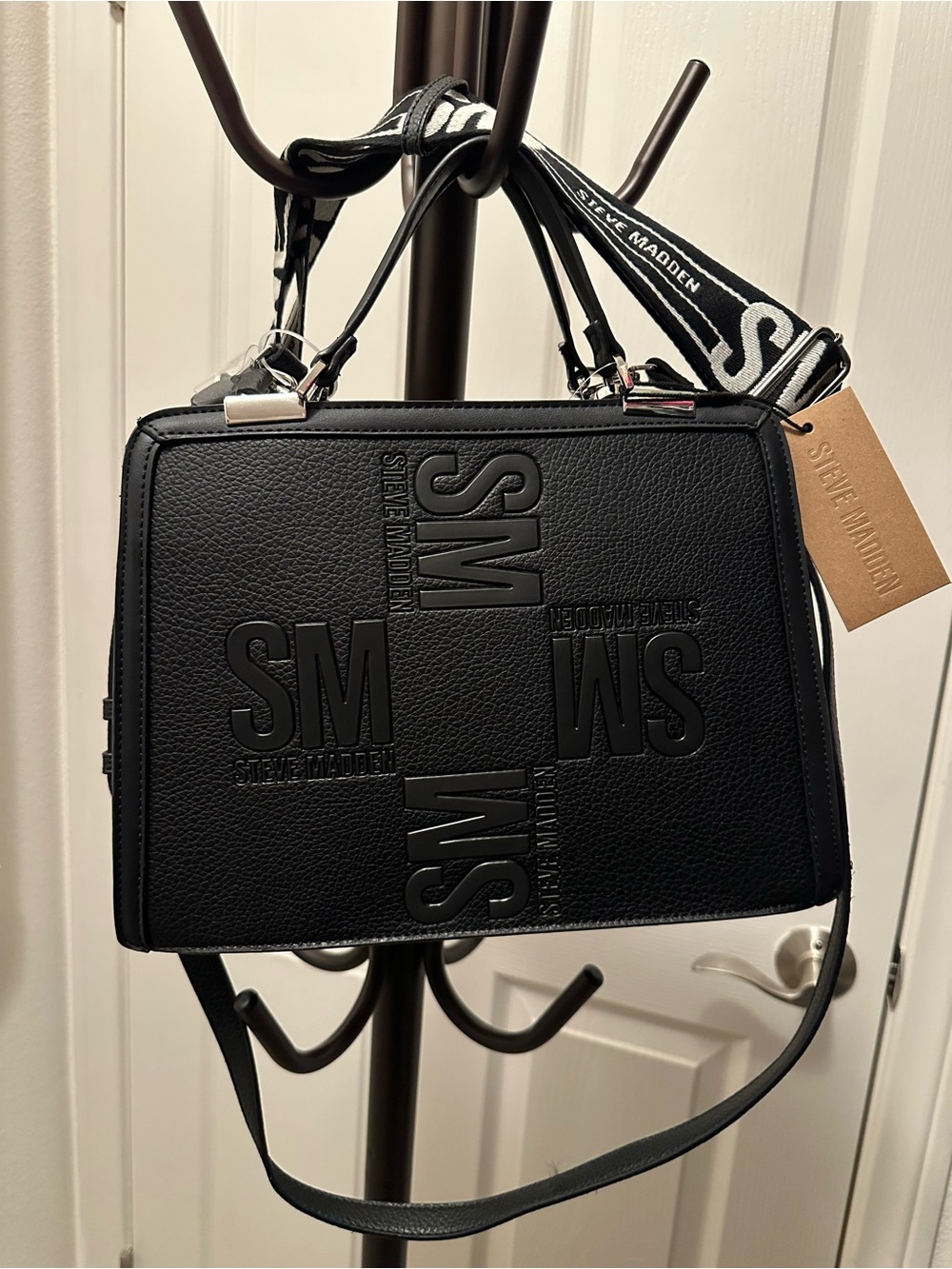 Steve Madden Black Embossed SM Logo Messenger Bag